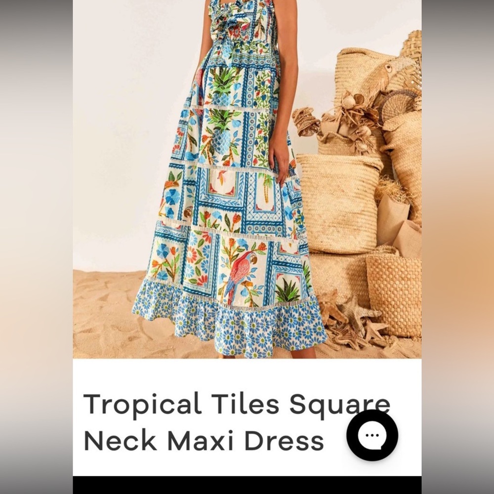 Farm Rio Tropical Tiles Square Neck Maxi dress